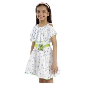 Kids Cave cut-out dress for girls fit and flare belted with flower fabric rayon floral print (Color_White, Size_3 Years to 12 Years) - None