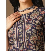 Rangita Women Cotton Navy Blue Floral Printed Calf Length Straight Kurti With Pants With Dupatta - None