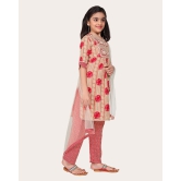 Kids Girls Embrodeary Cotton Printed Fullstiched Nayara Cut Kurtis with Bottom Dupatta set, Kid dresses-Peach / 10 - 11 Years