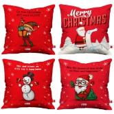 Indigifts Holiday Fun with Cute Christmas Characters Cushion Cover (16x16 Inches; Red) - Set of 4 - Christmas Cushion, Xmas Decorations, Christmas Pillow, Christmas Decorations for House