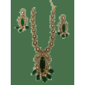 Stunning Gold-Plated Kundan Necklace Set with Green Stones and Pearls