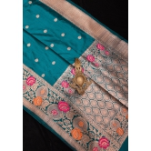 Teal Banarasi Pure Katan Silk Saree with Floral Meenakari Border and Butta | SILK MARK CERTIFIED