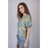 Women's Olive Green Floral Print V-Neck Top (OTL-TPS1036)-Green / L