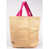 Handmade Patchwork Jute Tote Bag with Pink Handles