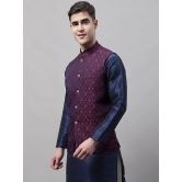 Men Navy Blue and Maroon Woven Design Waistcoats-L / Maroon