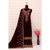 Lorenvelley Fashion Maroon Velvet Salwar Suit Material Embroidered