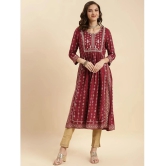 Rangita Women Rayon Maroon Yoke Embroidered Calf Length Nayra Style Kurti - None