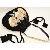 Black Velvet Beaded Floral Drawstring Bag