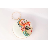 Embellished Cream With Multi Color Round Shape Hand Clutch Cum Sling Hanging Bag