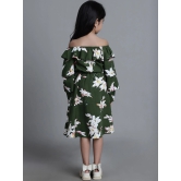 MINI & MING Girls Floral Printed Off Shoulder Bell Sleeves Crepe Fit & Flare Midi Dress