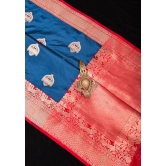 Swan Butta Shikaargah Banarasi Meenakari Saree in Blue and Red | Silk Mark Certified