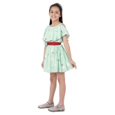 Kids Cave Dress For Girls Fit And Flare Cut-Out Frill Shoulder Round Neck Knee Length Red Waist Belt With Flower Fabric Rayon (Color Light Green Size 3-12 Years) - None