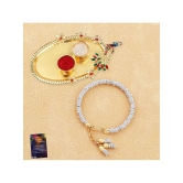 Designer Silver Kada Bhabhi Rakhi With Kankawati Pooja Thali Roli Chawal And Raksha Bandhan Greeting Card - None