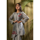 Indo Western Women’s Cotton Embroidered A-Line Kurta with Trousers Set in Grey