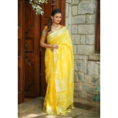 Authentic Bandini - Shibori on Pure Linen by Linen Saree with Zari Border in Sunflower Yellow