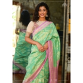 Exquisite Tussar Georgette Silk Saree in Sea Green and Lilac with Silver Paisley Jaal | SILK MARK CERTIFIED