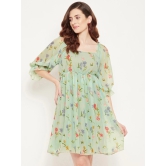 Floral Printed V-Neck Flared Sleeve Flared Georgette Fit & Flare Dress