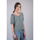 White and Green Striped Relaxed Fit Boat Neckline Top (OTL-TPS1021)-Blue / M