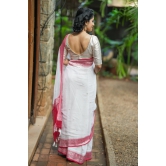 Pure Silk Chiffon Saree in White with Silver Tone Zari Buttas & Red Border | SILK MARK CERTIFIED