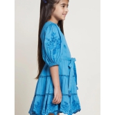 Etoile Puff Sleeves Cotton Slub Girls Dress - Blue-12-13Y