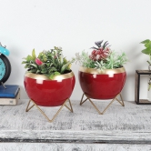 Apple Shape Metal Red & Gold Planter (Set of 2)-Red & Gold