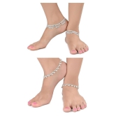 AanyaCentric Combo of 2 Pair Silver Plated White Metal Indian Traditional Ethnic Payal Anklets - Silver