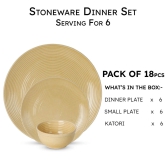 Reactive Handcrafted Premium Ceramic Dinner Set | 6 Dinner Plates, 6 Quarter Plates, and 6 Small Dinner Bowl | Stoneware | Microwave and Dishwasher Safe | Pack of 18 | Yellow Ten