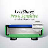 LetsShave Pro 6 Sensitive Face & Body Shaving Razor Blade Refills/Cartridges World's First 6-Blade Razor with Precision Trimmer Argan Oil & Aloe Vera Infused Moisture Bar - Pack of 4 Blade Refills