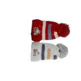 Striped Knitted Winter Hat with Faux Fur Pom Pom for Kids