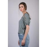 White and Green Striped Relaxed Fit V-Neckline Top (OTL-TPS1020)-Blue / S