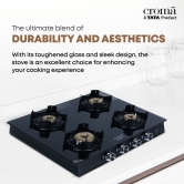 Croma Toughened Glass Top 4 Burner Automatic Gas Stove (Flame proof pan support, Black)