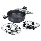 Prestige Hard Anodised Induction Base Multi Kadai with Glass Lid (Dhokla Plate, Patra Plate, Idli Plates), 22 Cm (Black)