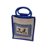 Handmade Jute Bag with Blue Trim and Traditional Indian Design