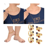 AanyaCentric Gold Plated 1 Pair Anklet 3 Pair Toe Rings 2nos 28inches Long Chains Combo - Golden