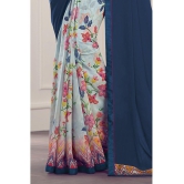 Rangita Half & Half Printed Georgette Saree With Lace Border & Blouse Piece - Navy Blue - Navy Blue