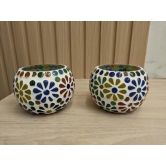 Aarna Creations Mosaic Tea Light Stand| Handcrafted Turkish Candle Stand | Tea-Light Bowl (Set of 2) (Flower)