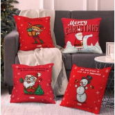 Indigifts Holiday Fun with Cute Christmas Characters Cushion Cover (16x16 Inches; Red) - Set of 4 - Christmas Cushion, Xmas Decorations, Christmas Pillow, Christmas Decorations for House