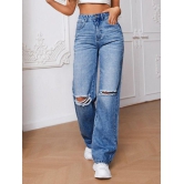 High Waist Knee Cut Jeans - Medium Blue-34