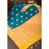 Banarasi Katan Silk Saree in Peacock Blue & Yellow with Damask Motifs | SILK MARK CERTIFIED