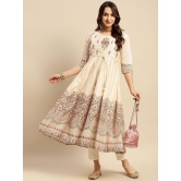 Rangita Women Chanderi Beige Yoke Embroidered Border Printed Calf Length Anarkali Kurti - None