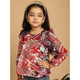 MINI & MING Girls Floral Printed Round Neck Puff Sleeves Pleated Blouson Top