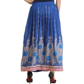 Classic-Blue Embellished Long Skirt with Golden Print and Embroidered Patch Border