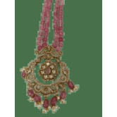 Pink Beaded Necklace with Gold and Diamond Pendant