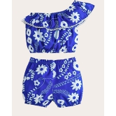 Girls One Shoulder Printed Crop Top & Shorts Set Kids Summer Clothes-Blue / 4 - 5 Years