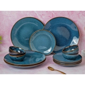 Handcrafted Stoneware Reactive Glaze Ceramic Dinner Set, 12 Pieces Serving for 4, Microwave and Dishwasher Safe, Bone-ash Free, Crockery Set for Dining and Gifting, Greenish Blue