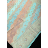 Sky Blue and Peach leheria Jaal Banarasi katan silk saree with zari Meenakari border | SILK MARK CERTIFIED