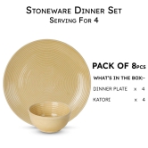 Handcrafted Stoneware Reactive Glaze Ceramic Dinner Set, 8 Pieces Serving for 4, Microwave and Dishwasher Safe, Bone-ash Free, Crockery Set for Dining and Gifting, Yellow Ten