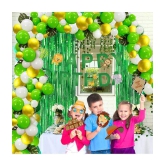 Party Propz 121Pcs Jungle Safari Theme Party Decorations Set Happy Birthday Banner, Jungle Theme Photobooth, Multicolour Latex Balloons, Green Foil Curtain, Glue Dot and Arc for Kids Birthda