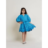 Etoile Puff Sleeves Cotton Slub Girls Dress - Blue-12-13Y