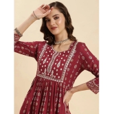 Rangita Women Rayon Maroon Yoke Embroidered Calf Length Nayra Style Kurti - None